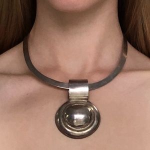Taxco Silver Pendant Necklace Choker Oval Handmade